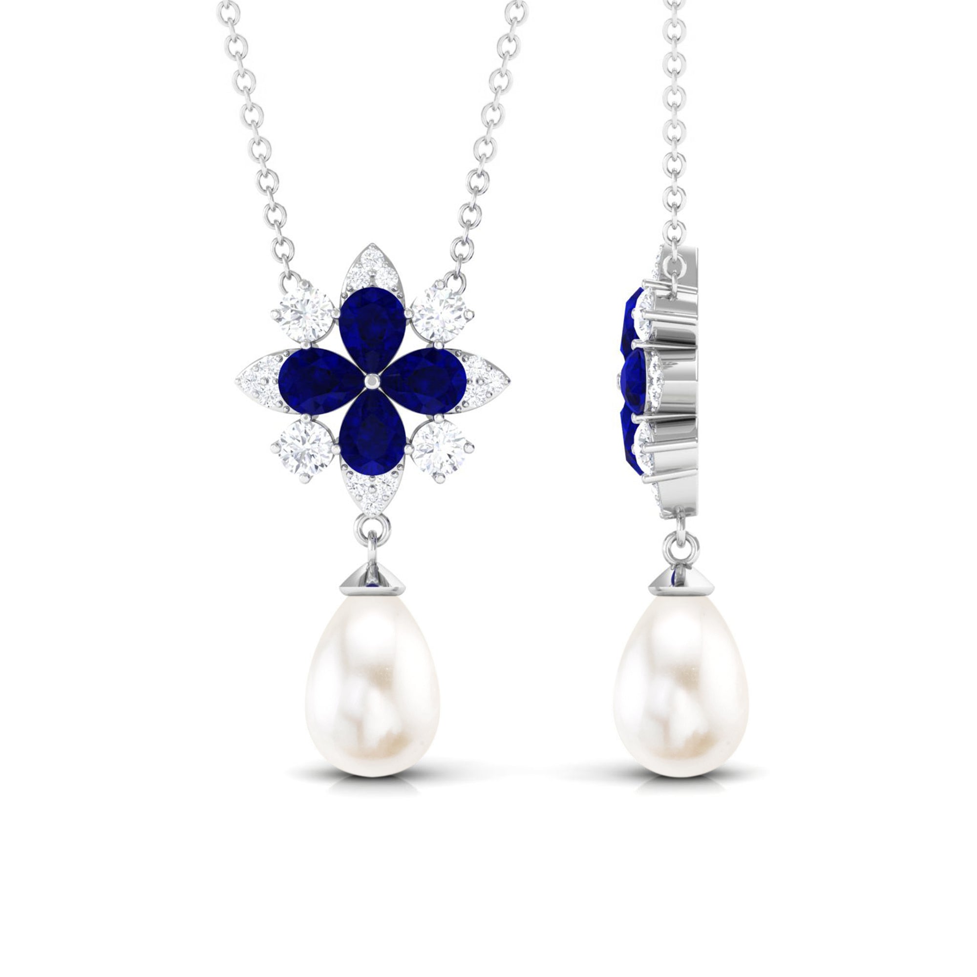 Blue sapphire and moissanite flower pendant necklace with freshwater pearl drop, jewelry pendant from Rosec Jewels.