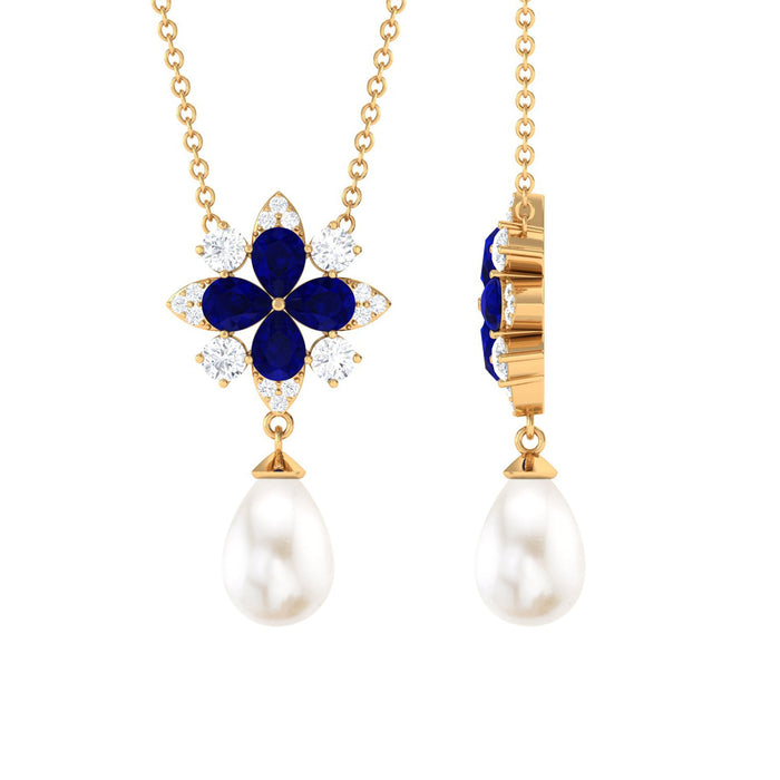 Blue sapphire and moissanite flower pendant necklace with freshwater pearl drop, featuring elegant jewelry design by Rosec Jewels.