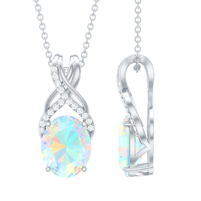 Oval rainbow opal solitaire pendant with moissanite from Rosec Jewels, showcasing a sparkling 8x10 mm gemstone on a delicate chain.