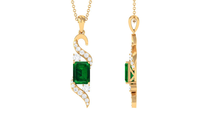 Octagon cut created emerald pendant with diamond accent, designer drop style from Rosec Jewels, jewelry pendant with gemstone and sparkle.