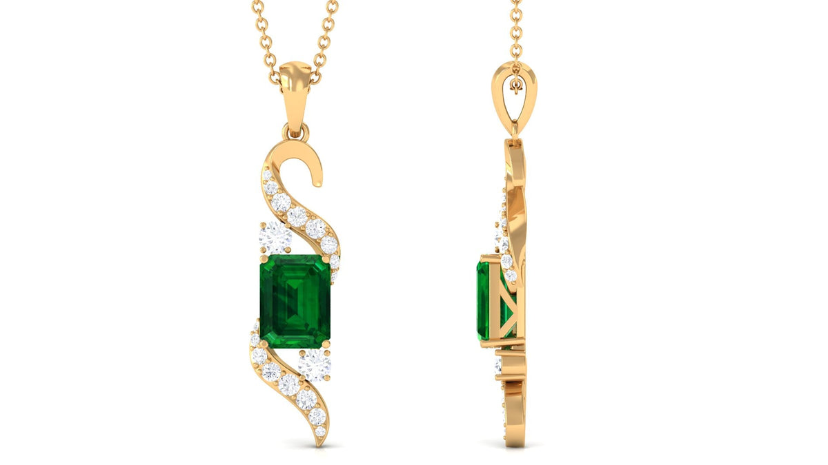 2.25 CT Octagon Cut Created Emerald Designer Drop Pendant with Diamond