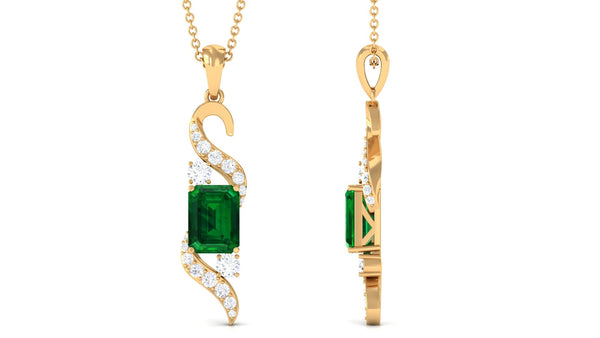 Rosec Jewels 2.25 ct octagon cut created emerald drop pendant with diamond accent, elegant jewelry for special occasions.