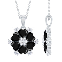 Natural Heart Shape Black Onyx Flower Pendant Necklace With Chain