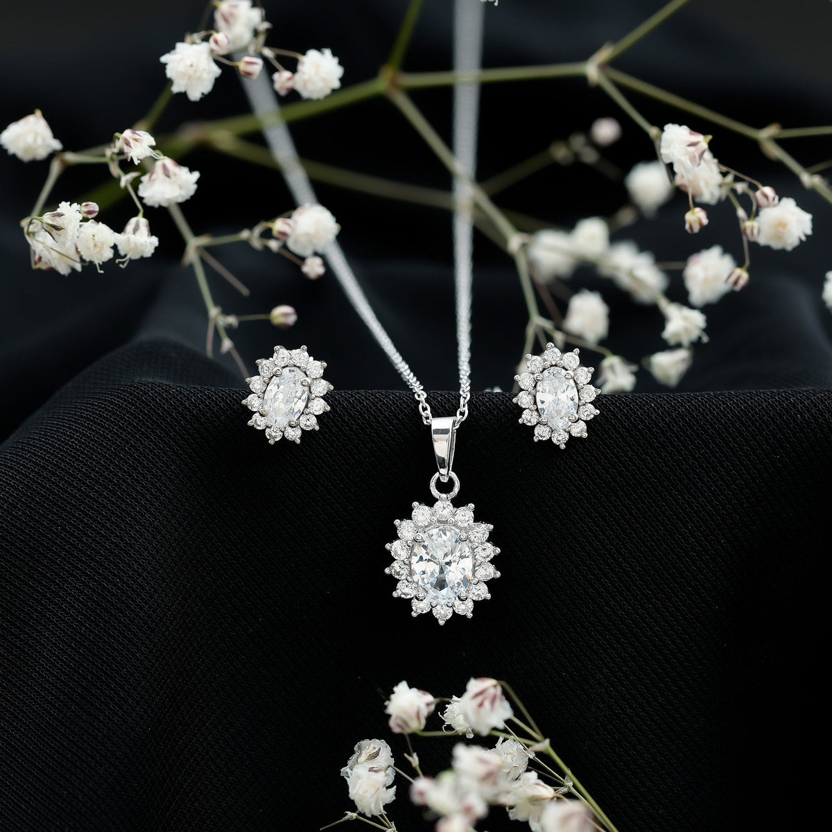 Oval Shaped Cubic Zirconia Halo Pendant and Earrings Set