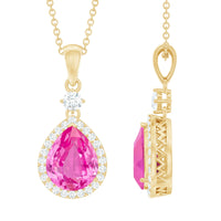 Created Pink Sapphire Teardrop Pendant Necklace With Diamond Halo