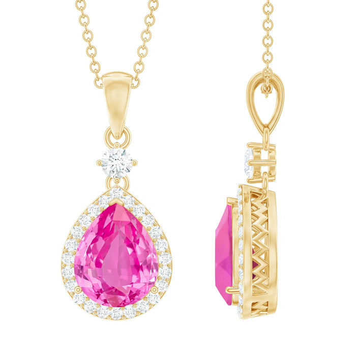 Pink sapphire teardrop pendant necklace with diamond halo by Rosec Jewels, featuring a sparkling pink gemstone and elegant design.