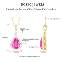 Created Pink Sapphire Teardrop Pendant Necklace With Diamond Halo