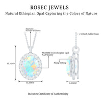 Real 1 Carat Ethiopian Opal Oval Pendant Necklace with Diamond Halo