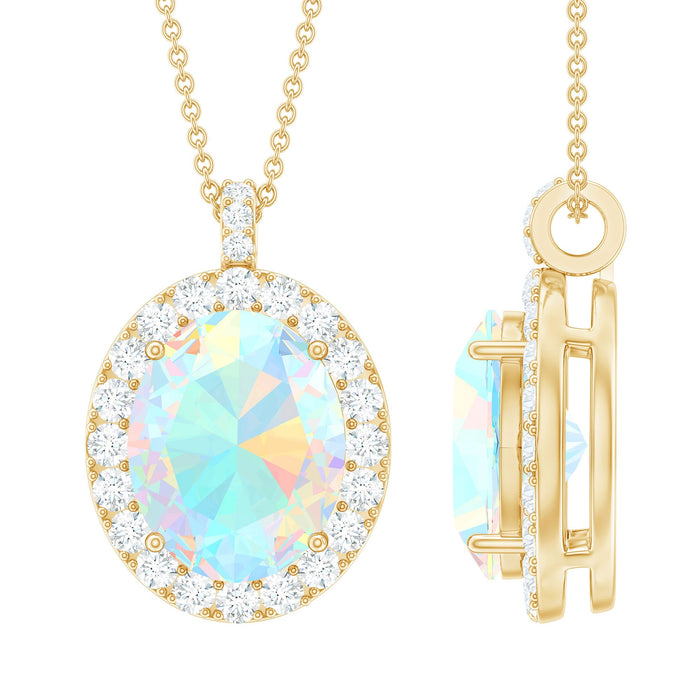 Oval Ethiopian opal pendant necklace with diamond halo, featuring a 1-carat opal and sparkling accents in a Rosec Jewels pendant image.