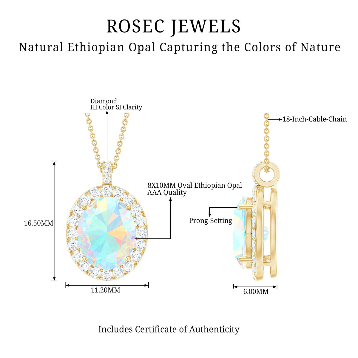 Real 1 Carat Ethiopian Opal Oval Pendant Necklace with Diamond Halo