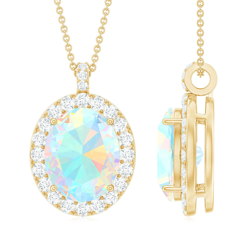 Real 1 Carat Ethiopian Opal oval pendant necklace with diamond halo, showcasing vibrant colors and elegant jewelry design.