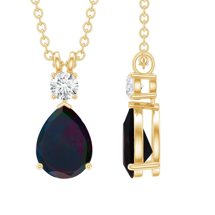 Pear-shaped black opal drop pendant with diamond accents from Rosec Jewels, featuring a sleek black gemstone and sparkling diamond details.