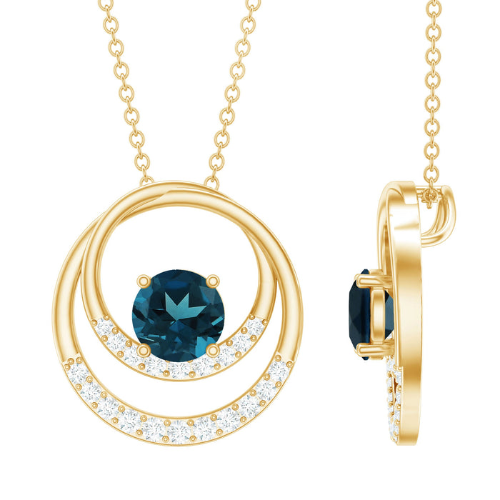 London Blue Topaz and diamond interlocking circle pendant by Rosec Jewels featuring a blue topaz gemstone and sparkling diamonds.