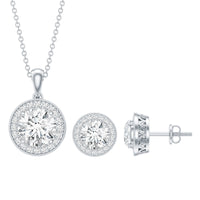 Certified 4 Carat Round Cubic Zirconia Halo Necklace and Earrings in Silver