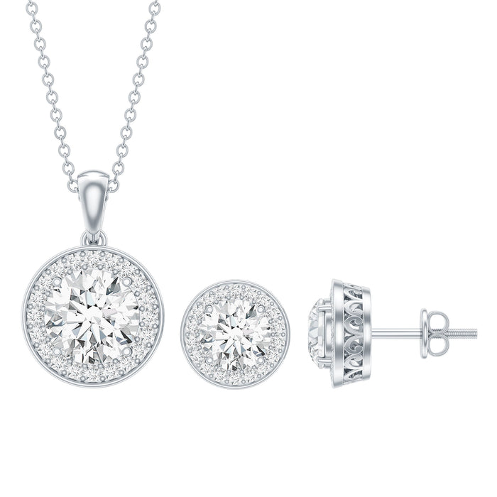 Rosec Jewels 4 Carat cubic zirconia halo necklace and earrings set in silver, featuring round stones and elegant jewelry design.