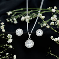Certified 4 Carat Round Cubic Zirconia Halo Necklace and Earrings in Silver