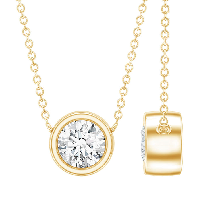 Bezel set 5mm round diamond solitaire pendant necklace by Rosec Jewels, featuring a elegant diamond in a sleek pendant design.