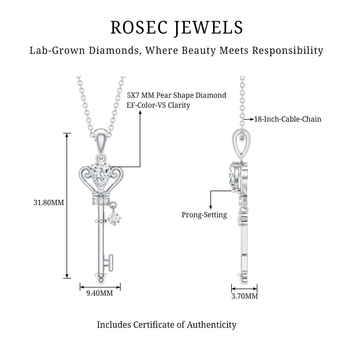 Certified Lab 5X7 MM Pear Shaped Diamond Key Pendant