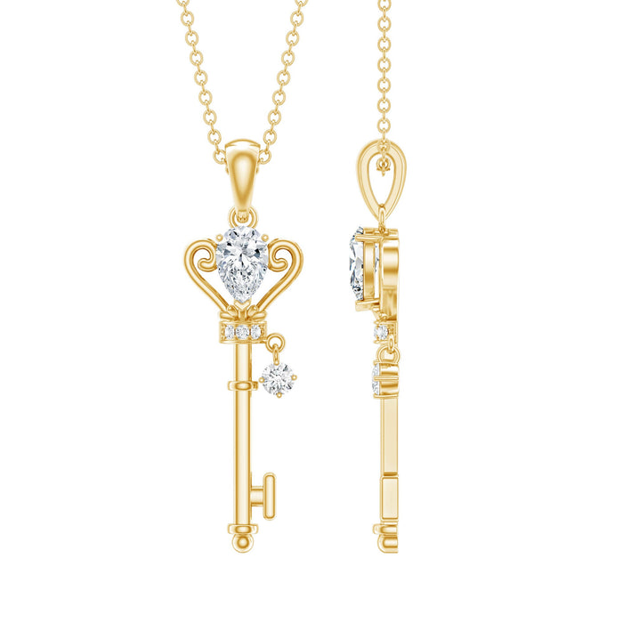 Pear-shaped diamond key pendant with certified lab-grown 5x7 mm diamond, set in a Rosec Jewels pendant design.
