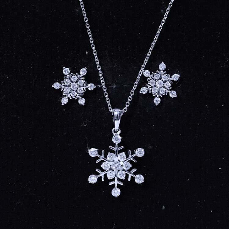 Yellow lab-grown diamond snowflake jewelry set by Rosec Jewels featuring sparkling snowflake-shaped earrings and necklace.