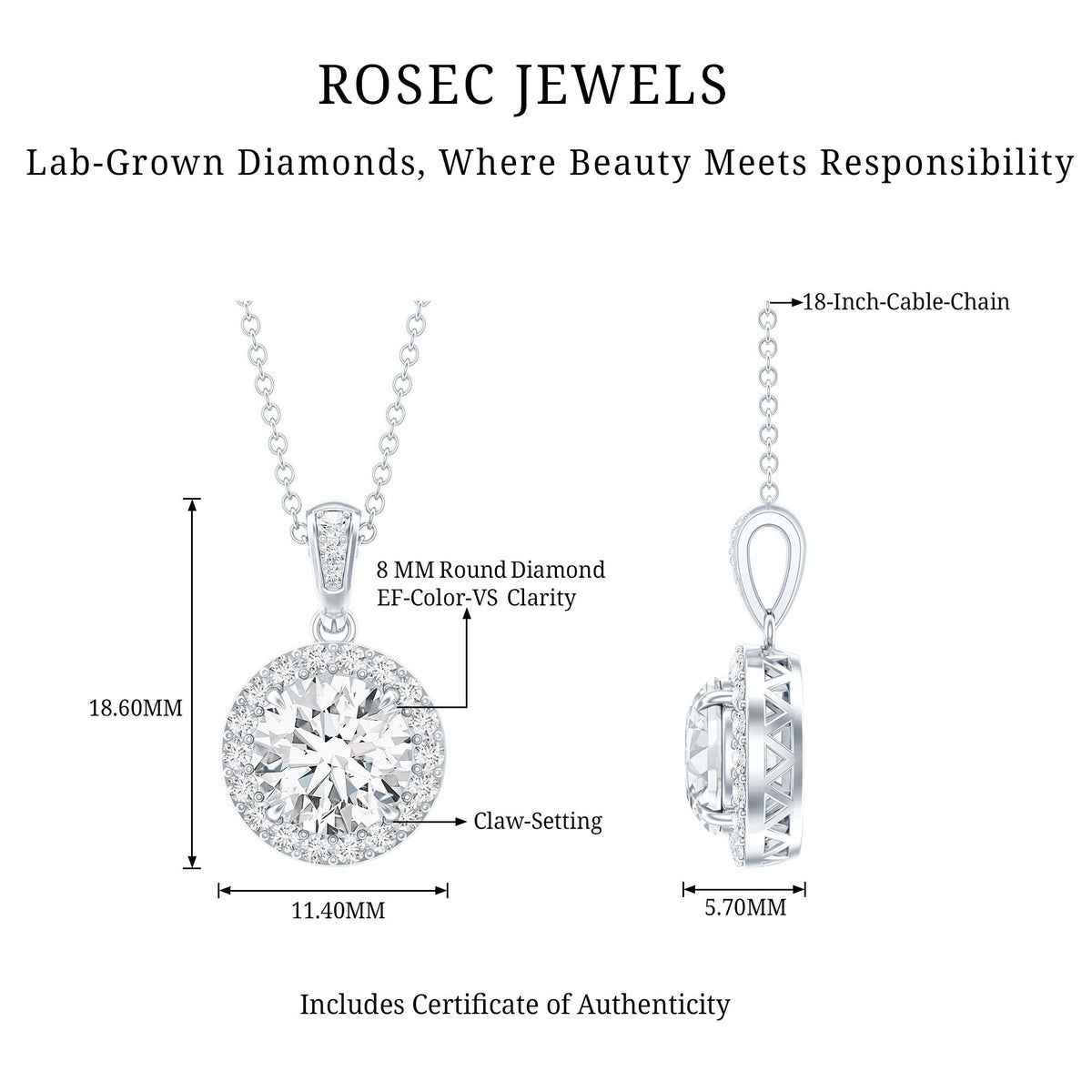 Certified 2 Carat Lab Grown Diamond Halo Pendant Necklace