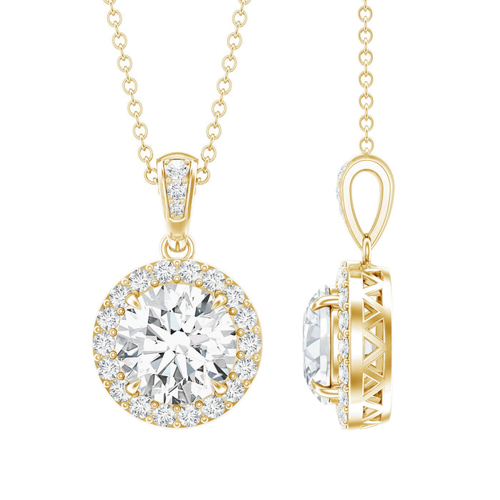 Lab grown 2 carat diamond halo pendant necklace by Rosec Jewels featuring sparkling center stone and elegant silver setting.
