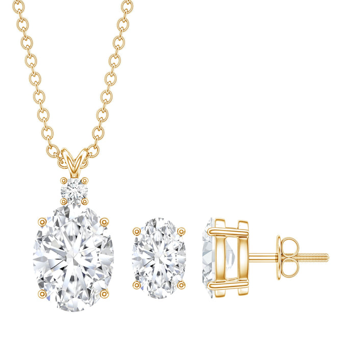 Oval-shaped lab-grown diamond bridal jewelry set by Rosec Jewels featuring elegant earrings and a matching necklace.