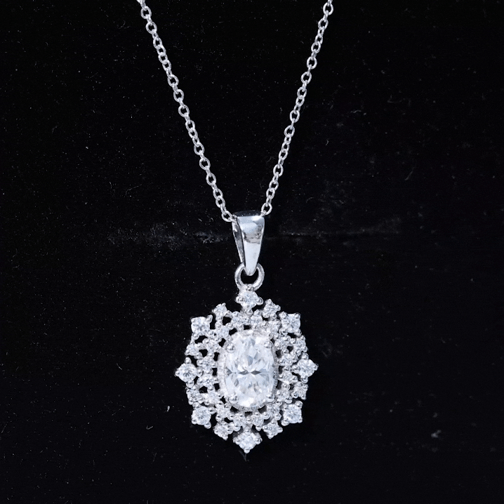 Yellow gold 5x7mm oval lab diamond double halo pendant from Rosec Jewels, showcasing sparkling center stone and intricate design.