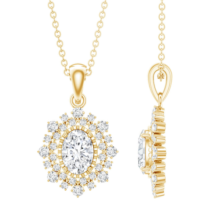 Oval lab diamond pendant with double halo design, 5x7mm, from Rosec Jewels, showcasing the elegant bridal jewelry style.