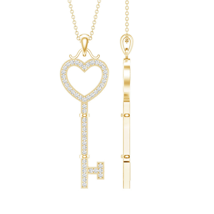 Lab grown diamond key pendant necklace by Rosec Jewels featuring a sparkling heart-shaped diamond on a delicate chain.