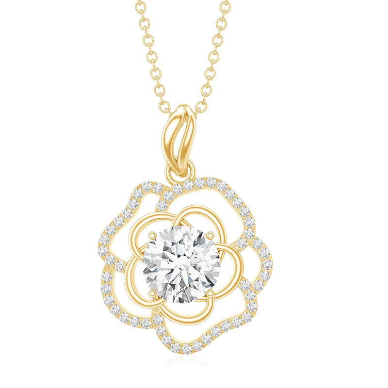 Lab grown diamond flower pendant necklace featuring a 2 carat Rosec Jewels pendant with intricate floral design and sparkling diamonds.