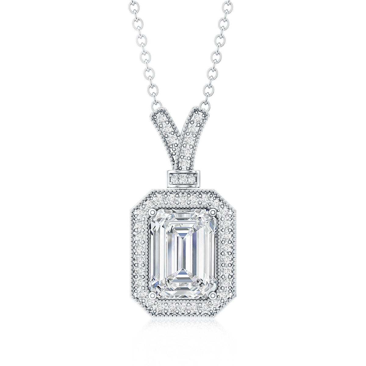 Lab Created Diamond 6X8 MM Emerald Cut Halo Necklace