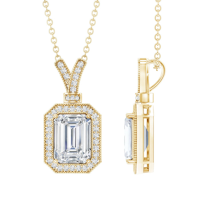 Rosec Jewels lab-created diamond 6x8 mm emerald cut halo pendant necklace with sparkling center stone and intricate halo design.