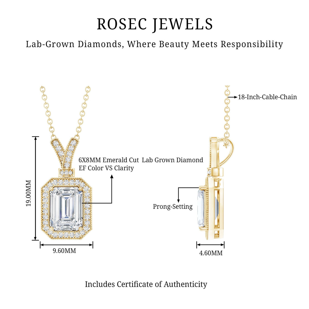 Lab Created Diamond 6X8 MM Emerald Cut Halo Necklace