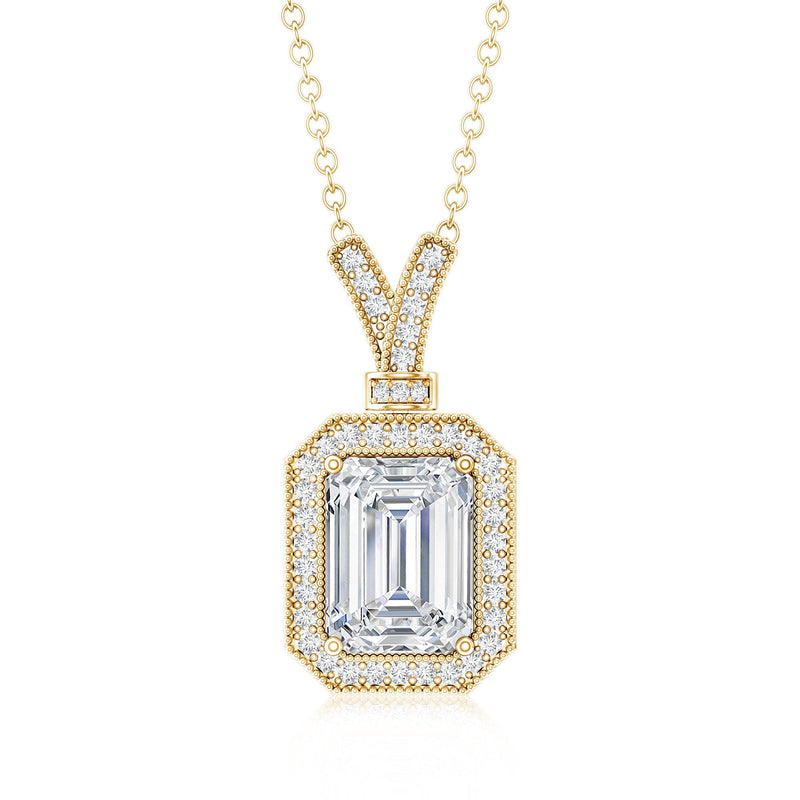 Lab-created diamond 6x8 mm emerald cut halo pendant from Rosec Jewels featuring a sparkling center stone and elegant design.