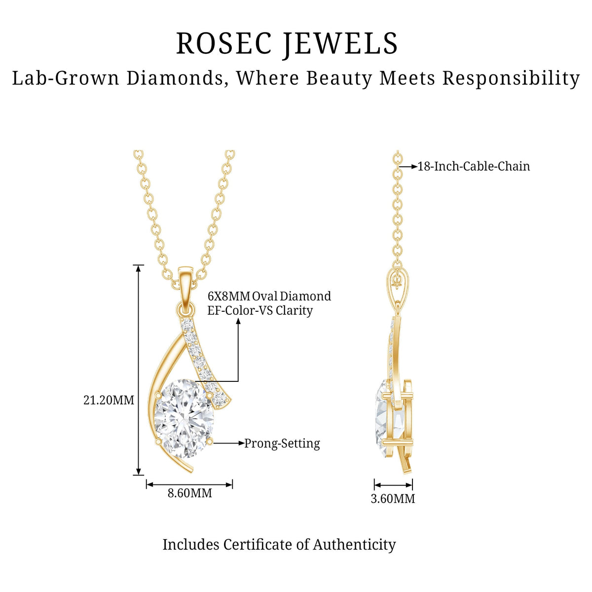 6X8 MM Oval Lab Grown Diamond Solitaire Necklace