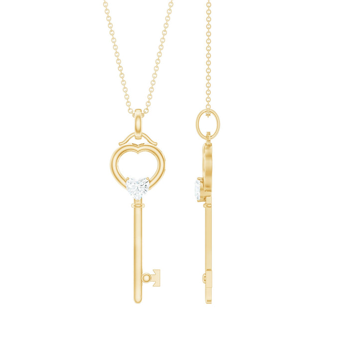 Heart-shaped key pendant necklace with lab-grown diamond from Rosec Jewels, featuring a detailed silver chain and sparkling gemstone.