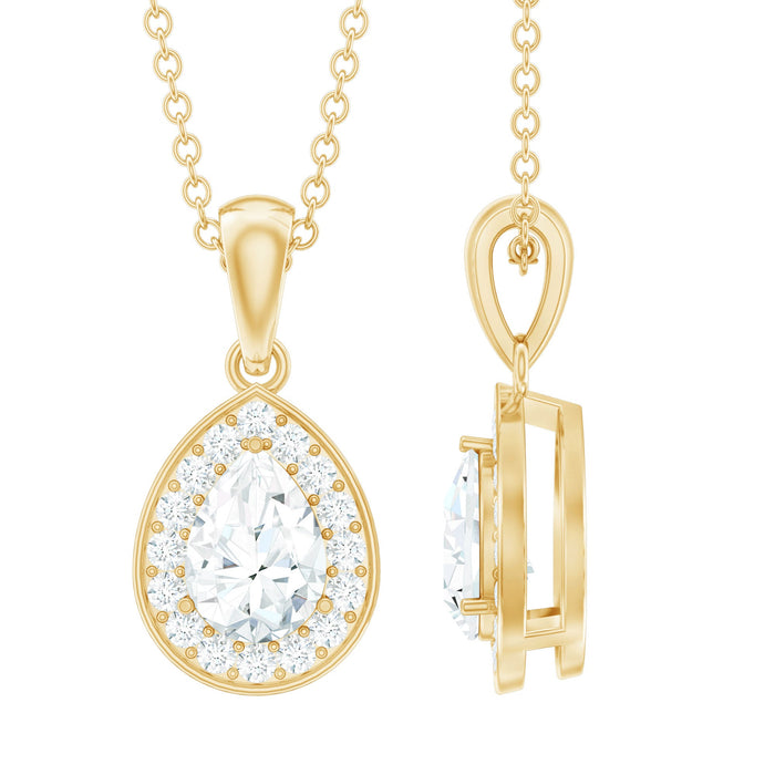 Rosec Jewels minimal lab-grown diamond teardrop halo pendant hanging on a chain, showcasing sparkling diamond accents and elegant design.