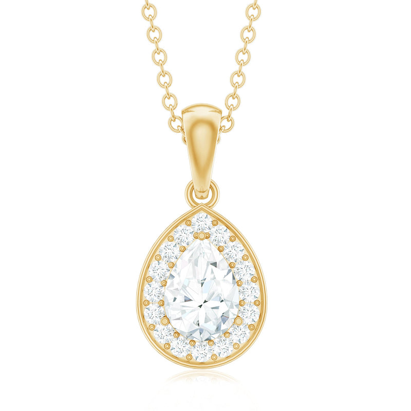 Rosec Jewels minimal lab-grown diamond teardrop halo pendant hanging from a delicate chain.