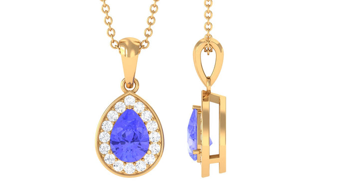 Tanzanite teardrop halo pendant necklace with rose gold setting, featuring a vibrant blue-violet gemstone and intricate halo design.