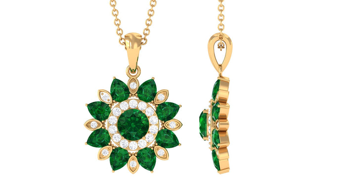 Lab created emerald and diamond flower pendant necklace from Rosec Jewels featuring vibrant green stones and sparkling diamonds.