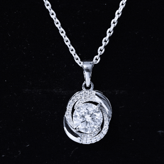 Certified 2 Ct Moissanite swirl pendant on silver chain, elegant jewelry by Rosec Jewels featuring sparkling gemstone design.