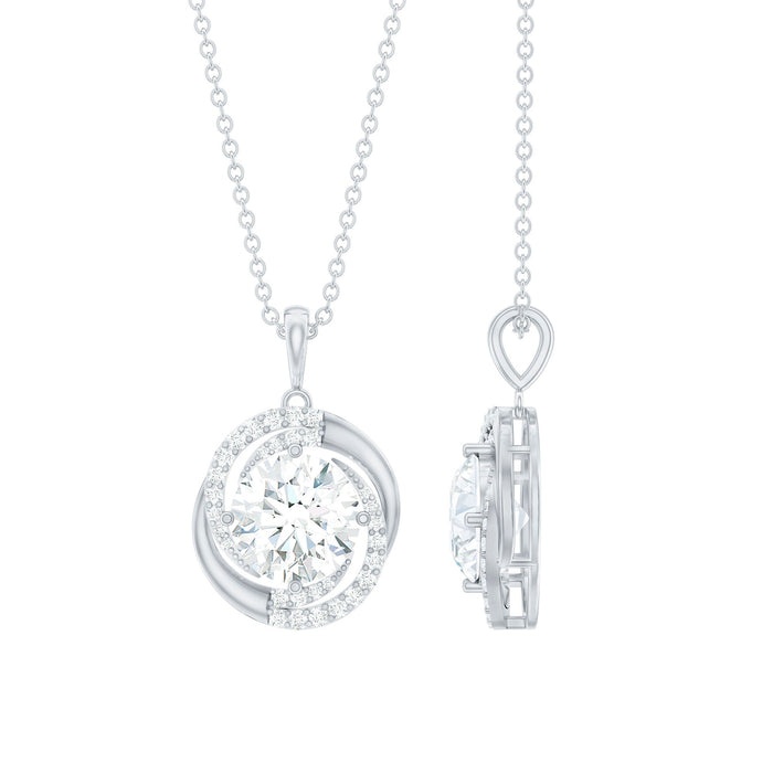 Certified 2 Ct Moissanite swirl pendant necklace with silver chain, featuring a sparkling moissanite gemstone and elegant design.