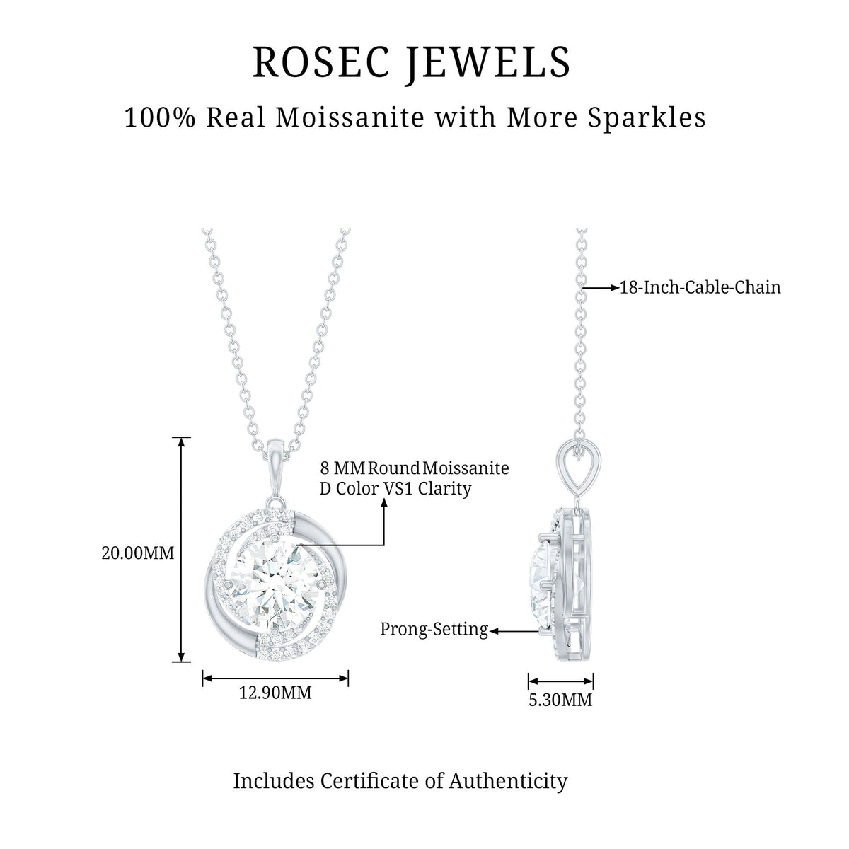 Certified 2 Ct Moissanite Swirl Necklace with Silver Chain