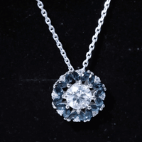 Two-carat moissanite statement necklace with a London Blue Topaz halo pendant by Rosec Jewels, featuring elegant jewelry design.