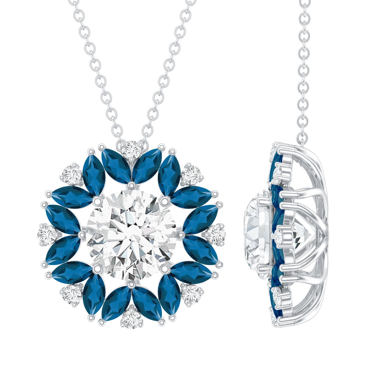 Rosec Jewels 2 Carat Moissanite statement necklace with a London Blue Topaz halo pendant, showcasing sparkling gemstones and elegant design.