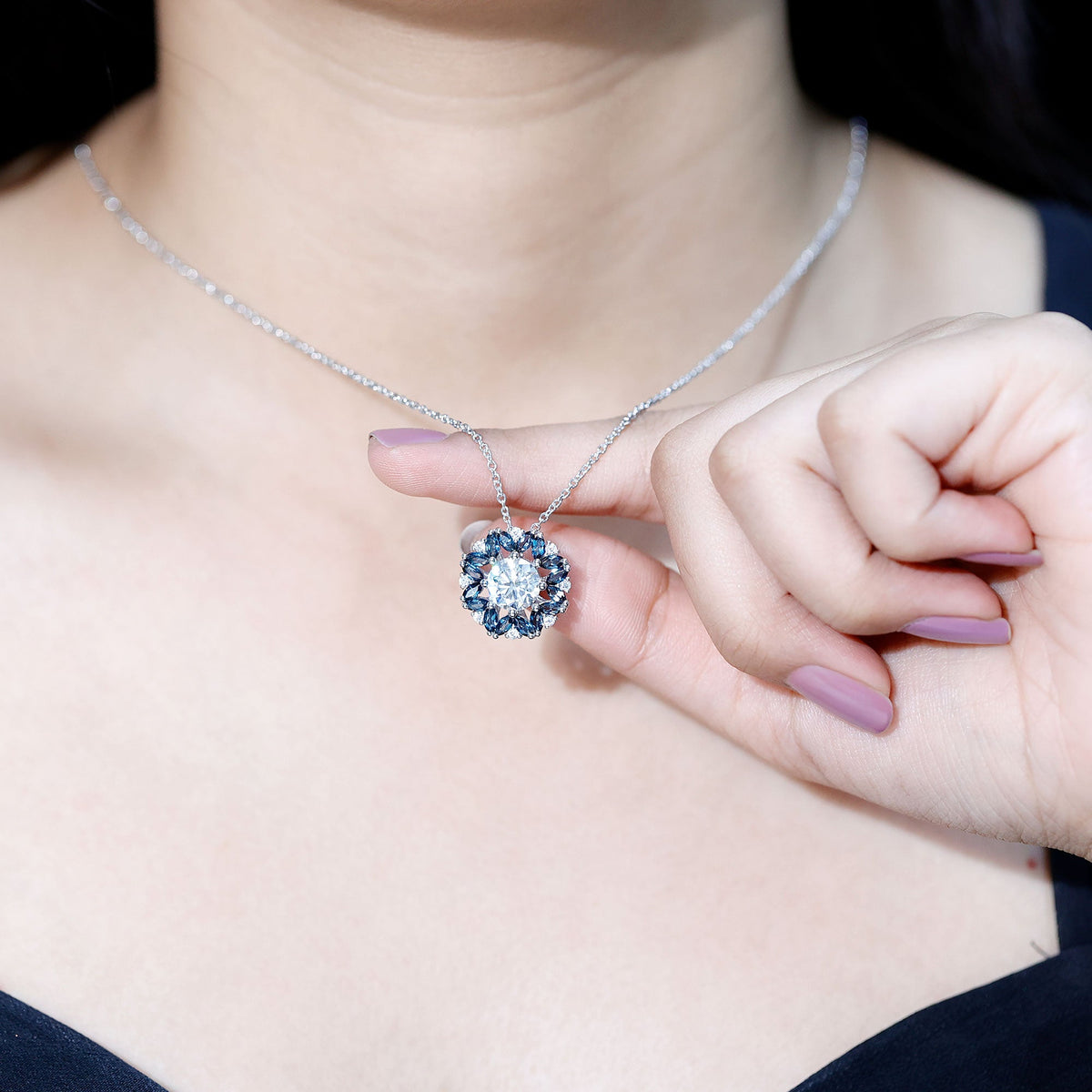2 carat moissanite statement necklace with London Blue Topaz halo pendant from Rosec Jewels, featuring a sparkling gemstone design.