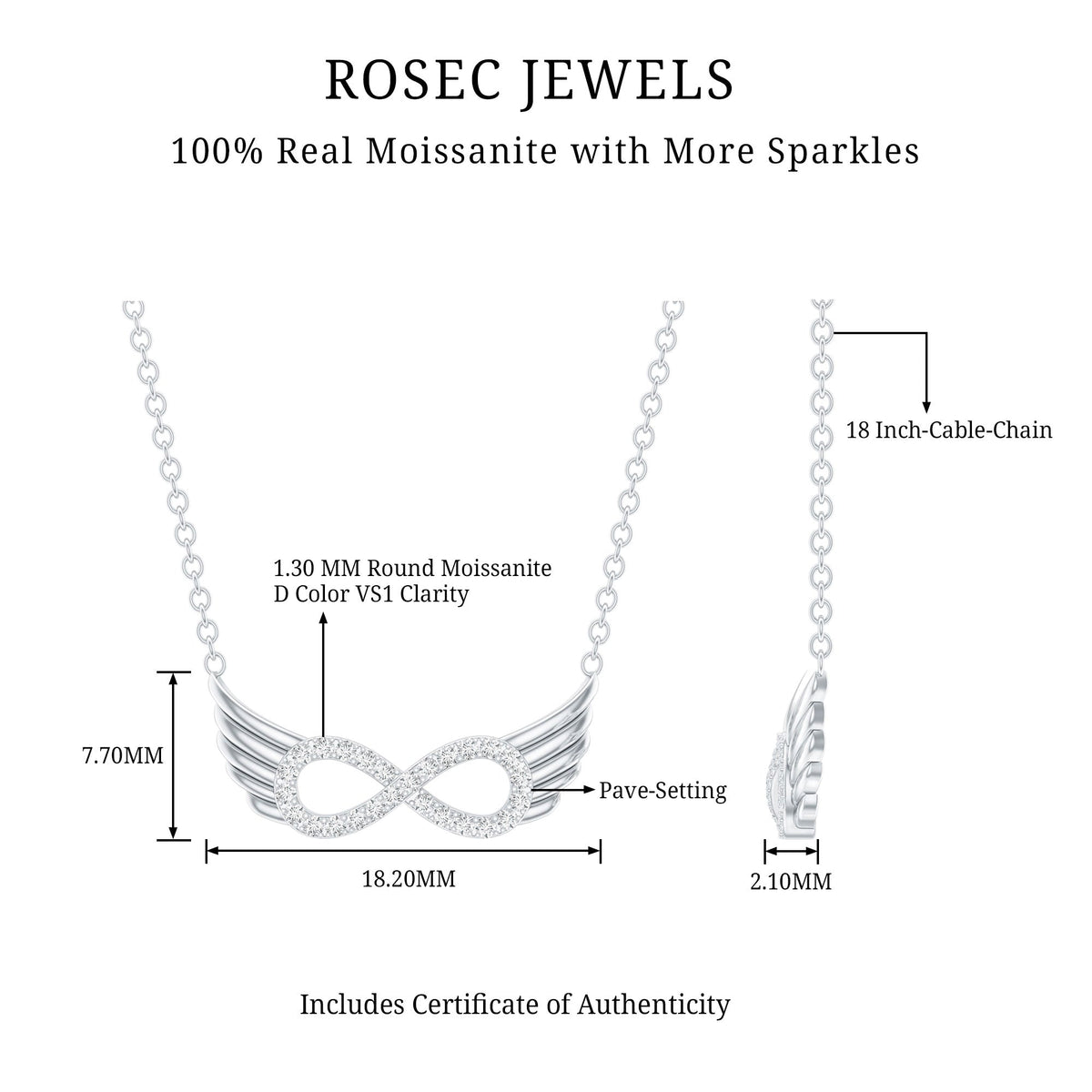 Sterling Silver Pave Set Moissanite Infinity Necklace with Wings