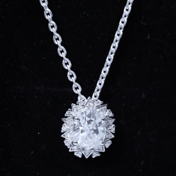 Oval 2-carat moissanite pendant in 14K white gold plated silver with a delicate chain, showcasing elegant jewelry design.