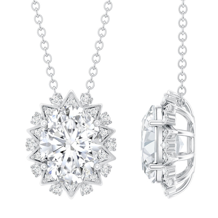 Oval 2 carat moissanite cocktail pendant in 14K white gold plated silver, showcasing a sparkling center stone and elegant design.